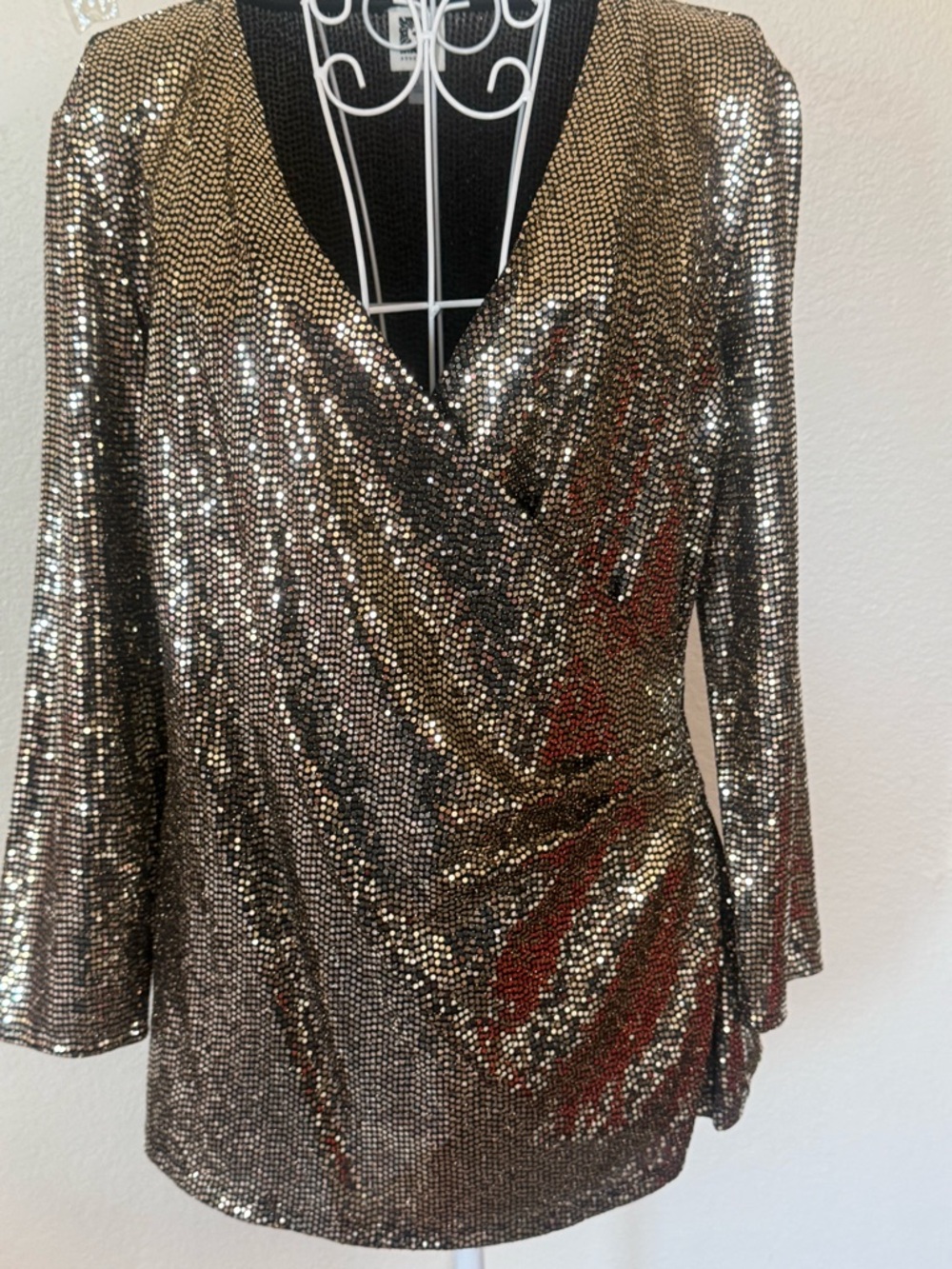 Anne Klein Metallic Gold Sequin Wrap-Style Long Sleeve Dress